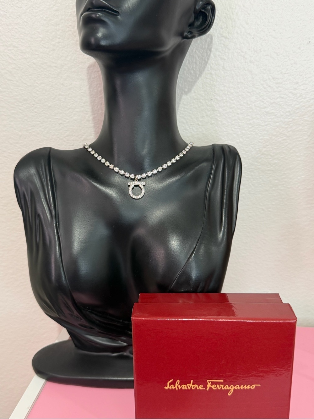 Salvatore Ferragamo Crystal Tennis Necklace with Signature Gancini Charm